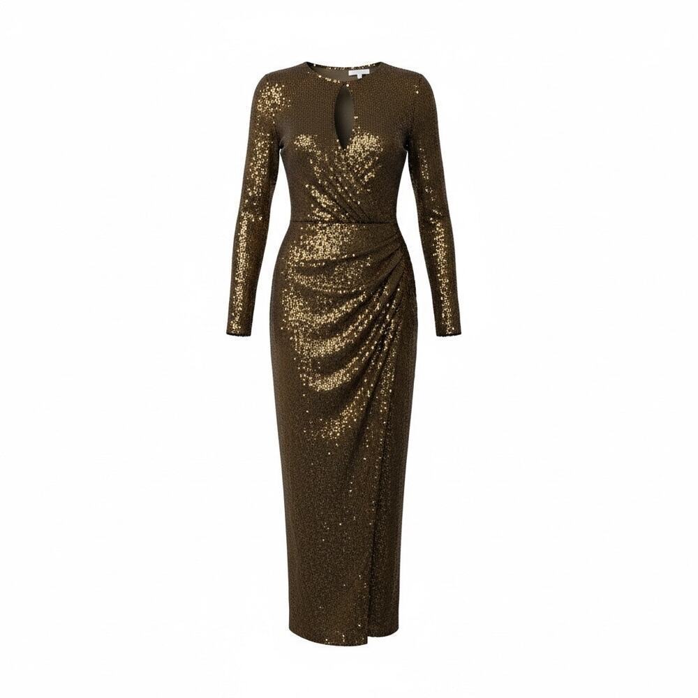 Fashion Nova maxi gold sequin keyhole ruched party dress. Size- S